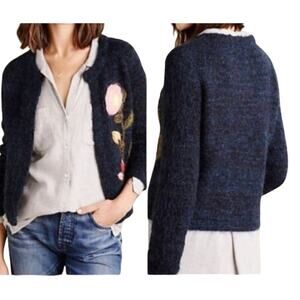 Anthropologie Moth Vertical Garden Embroidered Angora Wool Cardigan Sweater(M)
